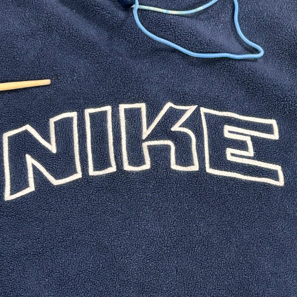 Vintage Nike Fleece Hoodie Navy Blue Arched Spellout Swoosh Mens XXL Pullover - Picture 3 of 11